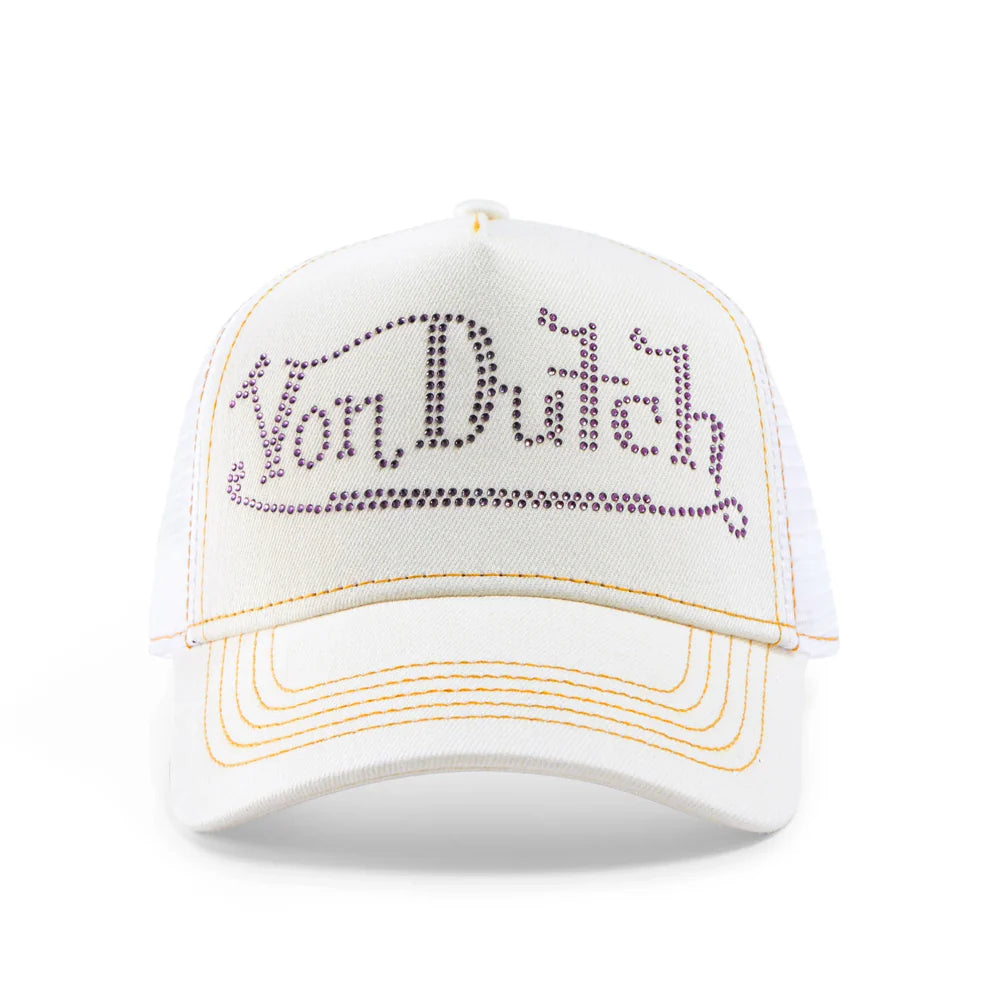 Von Dutch Rhinestone Trucker Hat - White with Purple Rhinestones