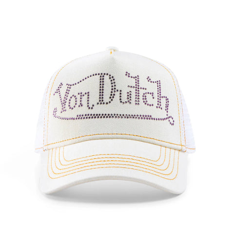 Von Dutch Rhinestone Trucker Hat - White with Purple Rhinestones