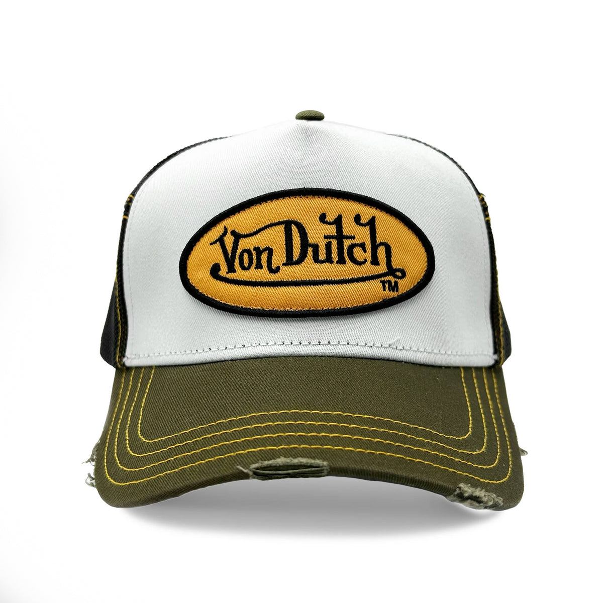 Von Dutch Olive & Yellow Classic Distressed Trucker Hat