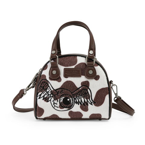 Von Dutch Brown & White Cow Print Vegan Pony Hair Bowling Bag