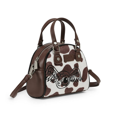 Von Dutch Brown & White Cow Print Vegan Pony Hair Bowling Bag