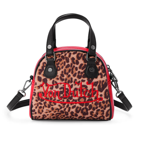 Von Dutch Red Leopard Vegan Pony Hair Bowling Bag